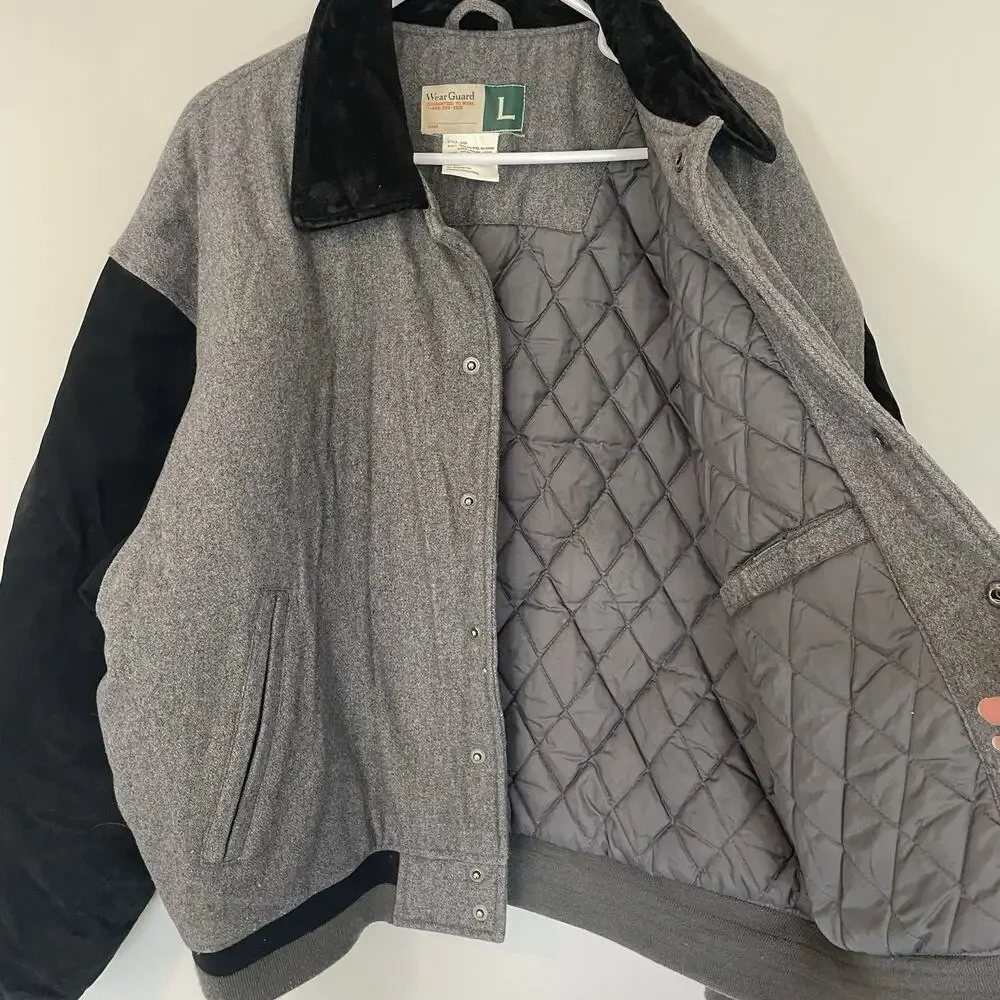 Wearguard Jacket Men Sz L Colorblock Bomber Leather‎ Wool ZipSports Black Gray